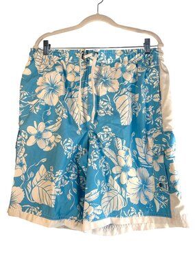 Roundtree & Yorke Mens Swimwear Blue/White Floral Drawstring Pockets Size L